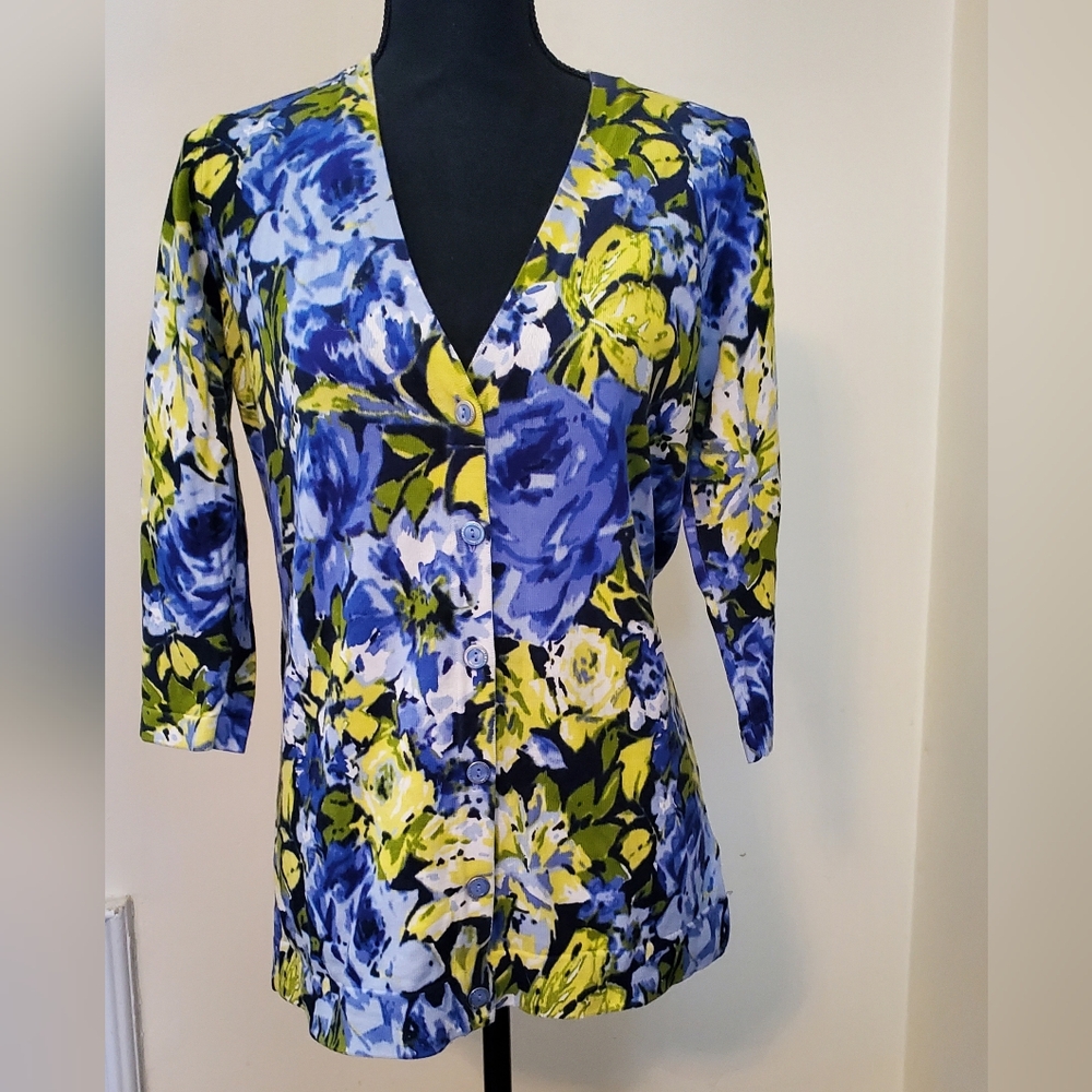 Isaac Mizrahi Live Summer Cardigan Size Small Blue Yellow Floral‎ 3/4 Sleeves